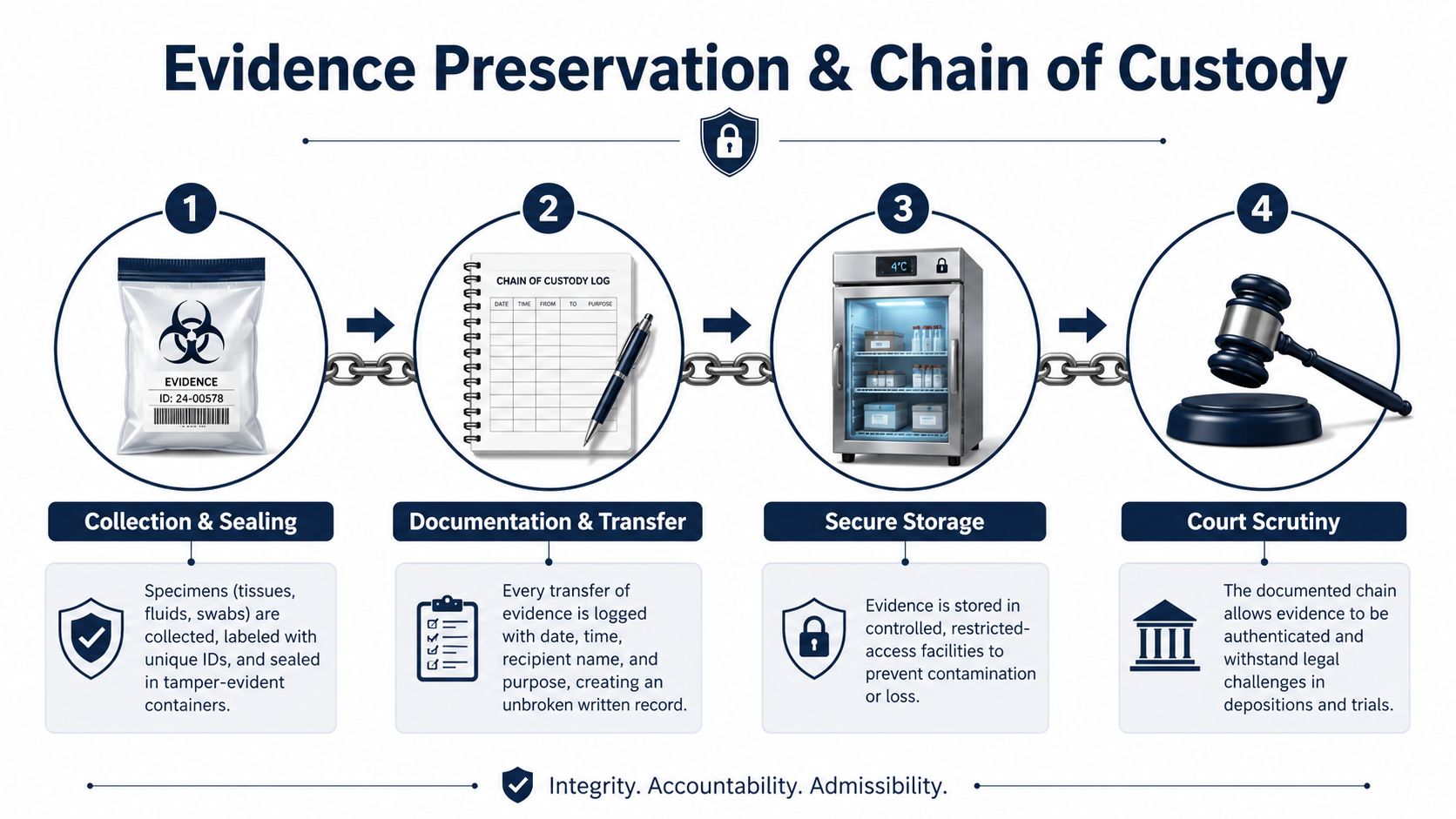 A four-step infographic illustrating the process of evidence preservation and maintaining the chain of custody.