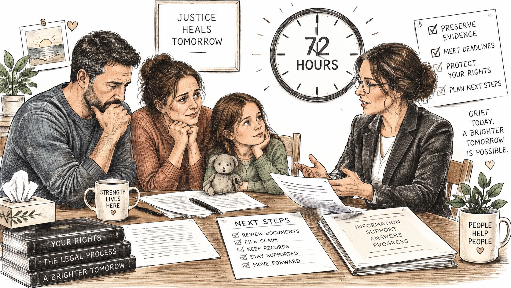 A family consulting with a legal professional during a difficult time to discuss legal rights and recovery.